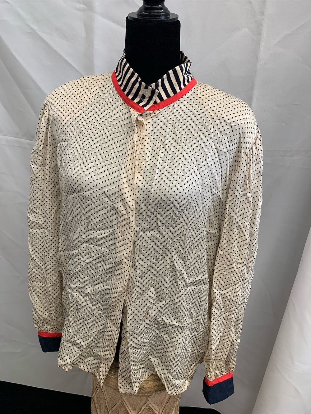 Louis Feraud Cream Polka Dot Button-Down with Navy Stripe Collar and Red Trim